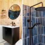 Bath with shower, washing machine, and sink with mirror