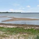 Sandy beach with shallow water and distant greenery under a clear sky.
