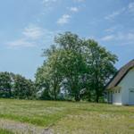 Zwei weiße Häuser mit Strohdächern stehen auf einer grünen Wiese unter blauem Himmel.