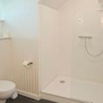 Dusche mit Duschbrause und Toilette in einem Badezimmer mit Fenster.