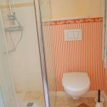 Badezimmer mit Dusche, WC und Fenster. Wandverkleidung mit Streifenmuster.