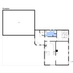 Stueplan zeigt Wohnfläche, Schlafzimmer und Küche mit Dusche und Bad.