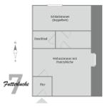 Fussbodenplan zeigt Schlafzimmer, Duschbad, Wohnzimmer mit Pantryküche und Flur.