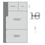 Wohnung mit Schlafzimmer, Wohn- und Küchenbereich, Flur und Duschbad.