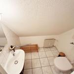Badezimmer mit Toilette, Waschbecken und Dusche. Fliesenboden und Spiegel.
