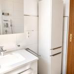 Badezimmer mit Waschbecken, Spiegel und Hochschrank. Pflanze auf dem Schrank.