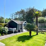 Schwarzes Gartenhaus mit weißem Rahmen, Palmen und grünem Rasen im Hintergrund.