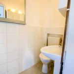 Badezimmer mit Toilette, Waschbecken und Spiegel an der Wand.