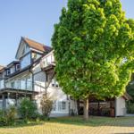 Haus mit Balkon, großen Baum und Fahrrädern im Hof.