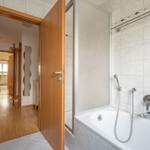 Badezimmer mit Badewanne und Dusche. Durchgang zur Küche und Schlafzimmer.