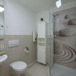 Badezimmer mit Dusche, Waschbecken und Toilette. Glaswand mit Steinmuster.
