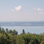 Weitläufiger Blick auf einen See mit Booten und grüner Landschaft im Hintergrund.