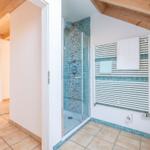 Dusche mit Mosaikfliesen, Heizkörper und Blick in Wohnbereich mit Holzdecke.