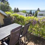 Terrasse mit Tisch und Stühlen, Blick auf See und grüne Bäume mit Wisteria.