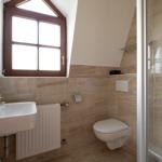 Badezimmer mit Dusche, Toilette und Waschbecken unter Dachfenster