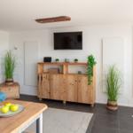 Wohnzimmer mit Holzmöbeln, Fernseher und Pflanzen an den Wänden.