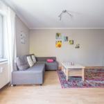 Wohnzimmer mit grauem Sofa, Holzboden und buntem Teppich. Fenster, Fernseher und Wandbilder sind sichtbar.