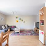 Wohnzimmer mit Sofa, Tisch, Teppich und TV-Möbel. Holzboden und Wanddekoration.