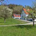 Haus mit rotem Dach auf grünem Hang, umgeben von blühenden Bäumen und einem gepflasterten Weg.