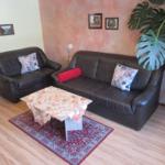 Wohnzimmer mit zwei Ledersofas, Tisch und Teppich. Große Pflanze an der Wand.