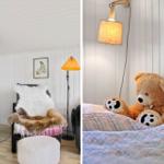 Kamin mit brennendem Holz, Sessel mit Felldecke und Wandlampe. Großer Teddybär auf Bett mit gemustertem Bettzeug.