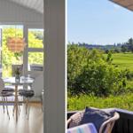 Esszimmer mit Tisch und Stühlen. Aussicht auf grüne Wiesen und Bäume.