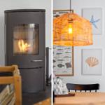 Kamin mit Flammen und Wand mit Meeresmotiven und Lampe.