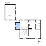 Stueplan zeigt Wohnfläche mit Küche, Schlafzimmer und Bad.