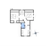 Erdgeschossplan mit Schlafzimmer, Bad und Treppenhaus.