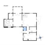 Stueplan zeigt Grundriss mit Schlafzimmer, Küche, Bad und Treppe.