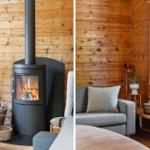 Holzwand mit Kamin und Sofa vor Fenster