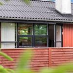 Rotes Holzhaus mit großem Fenster und Dach aus Wellblech. Im Inneren sind Möbel und Pflanzen sichtbar.