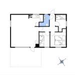 Wohnung mit Küche, Bad, zwei Schlafzimmern und Wohnbereich. Raumplan mit Orientierung.
