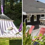 Hängesessel mit Strohhut und Zeitschrift im Garten. Terrasse mit Tisch, Stühlen und Haus.