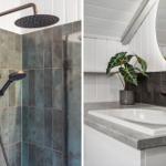 Dusche mit Duschbrause und Waschbecken mit Pflanze