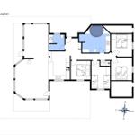 Stueplan zeigt Wohnbereich, Küche, Schlafzimmer und Badezimmer mit Maßen.