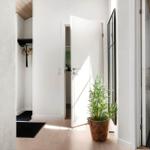Eingangsbereich mit Kleiderschrank, Pflanze und Blick in Bad und Schlafzimmer.