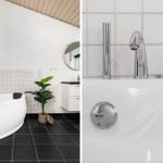 Badezimmer mit weißer Badewanne, schwarzen Fliesen und Pflanze.
