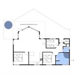 Wohnung mit drei Schlafzimmern, Küche, Bad und überdachter Terrasse.