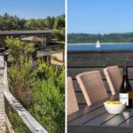 Moderne Villa mit Terrasse und Blick auf Wald und See.