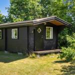 Ein dunkel lackiertes Holzhaus mit weißen Fensterrahmen und einer kleinen Veranda.