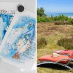 Küche mit Zeichnungen von Fischen und Rezepten. Außengelände mit Liegestühlen und Blick aufs Meer.