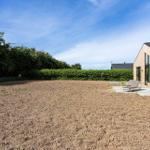 Moderne Holzhütte mit Terrasse und Liegen im Garten. Hintergrund: Hecke und blauer Himmel.