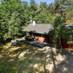 Roter Holzhaus mit Terrasse und Liegestühlen im Wald