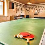 Ping pong table with paddles and balls. Wall with deer antlers and seating areas.