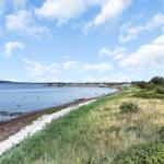 Seashore with grass, boats, and view of harbor and water.