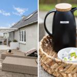 Außenbereich mit Liegestühlen und Terrasse. Teekanne und Teebeutel auf Korb.