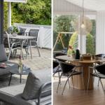 Terrasse mit Sofa und Tisch. Esszimmer mit Tisch, Stühlen und Wandbild.