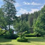 Roter Holzhaus mit Garten und Blick auf See und Wald.