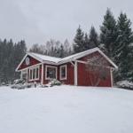Rotes Haus mit Schnee bedecktem Dach und Fenstern in einer verschneiten Waldlandschaft.
